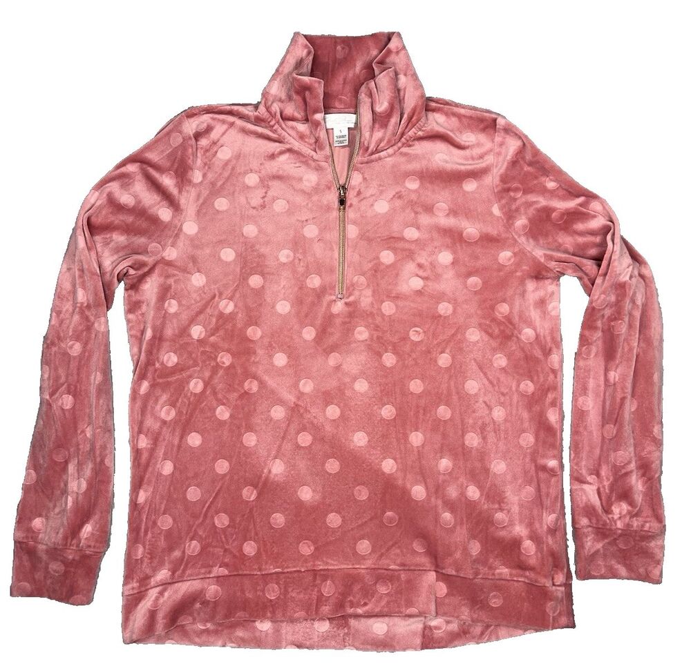 Marilyn Monroe Pink Velour Quarter 1/4 Zip Mock Neck Sweatshirt Polka Dot Small